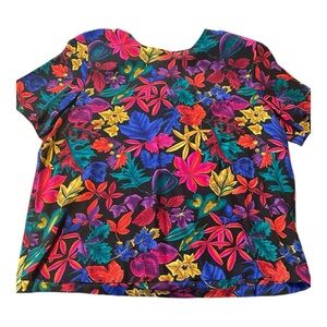 Silk Boutique Blouse Tropical Leaf Print Black Jewel Tone Size L Vibrant Spring